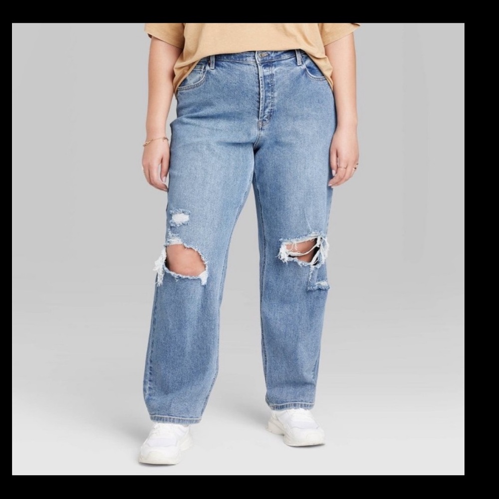 Women's Super-High Rise Distressed Straight Jeans - Wild Fable™ Medium Wash 14